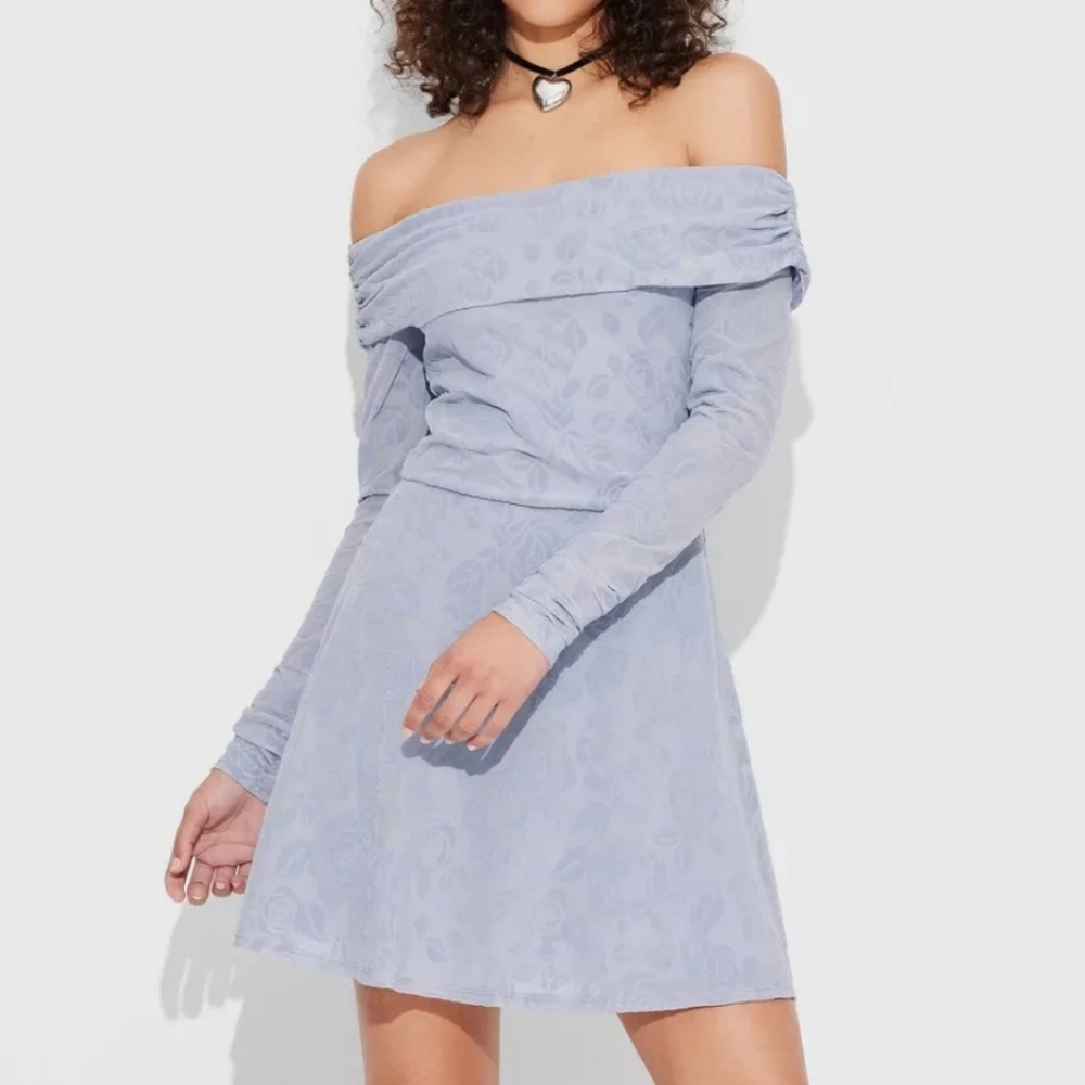 Wild Fable Long Sleeve Off Shoulder Flocked Mini Fit and Flare Holiday Dress